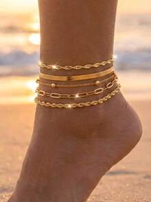 5pcs/Set Multi-Layer Stackable Gold Anklet Set, Light Luxury Niche Minimalist Design, Versatile High-End Beach Vacation Foot Jewelry For Women - Gold - View 2