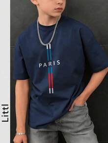 Camiseta de manga corta de cuello redondo con estampado informal para niños preadolescentes, top de verano - Gris - Ver 1