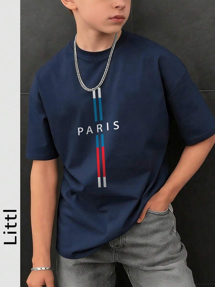 Camiseta de manga corta de cuello redondo con estampado informal para niños preadolescentes, top de verano - Gris - Ver 1