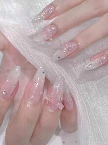 30pcs Minimalist Almond-Shaped Press-On Artificial Nails, Fashion Cream Gradient Pink Sweet Bow Design, Includes 1pc Jelly Glue And 1pc Nail File - Multicolor - View 1