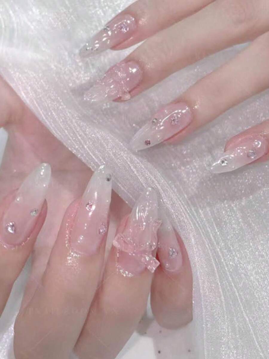 30pcs Minimalist Almond-Shaped Press-On Artificial Nails, Fashion Cream Gradient Pink Sweet Bow Design, Includes 1pc Jelly Glue And 1pc Nail File - Multicolor - View 1