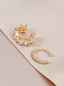 2 pièces Ensemble de pinces d'oreilles incrustées de zirconium cubique exquis, convient pour le travail quotidien, les rendez-vous, les fêtes, les accessoires de superposition pour femmes - Or jaune - Voir 5