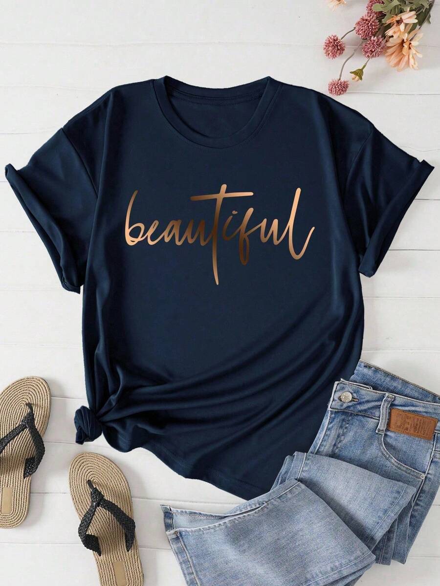 Women's Short-Sleeved Letter Print T-Shirt, Plus Sizes - Black - View 1