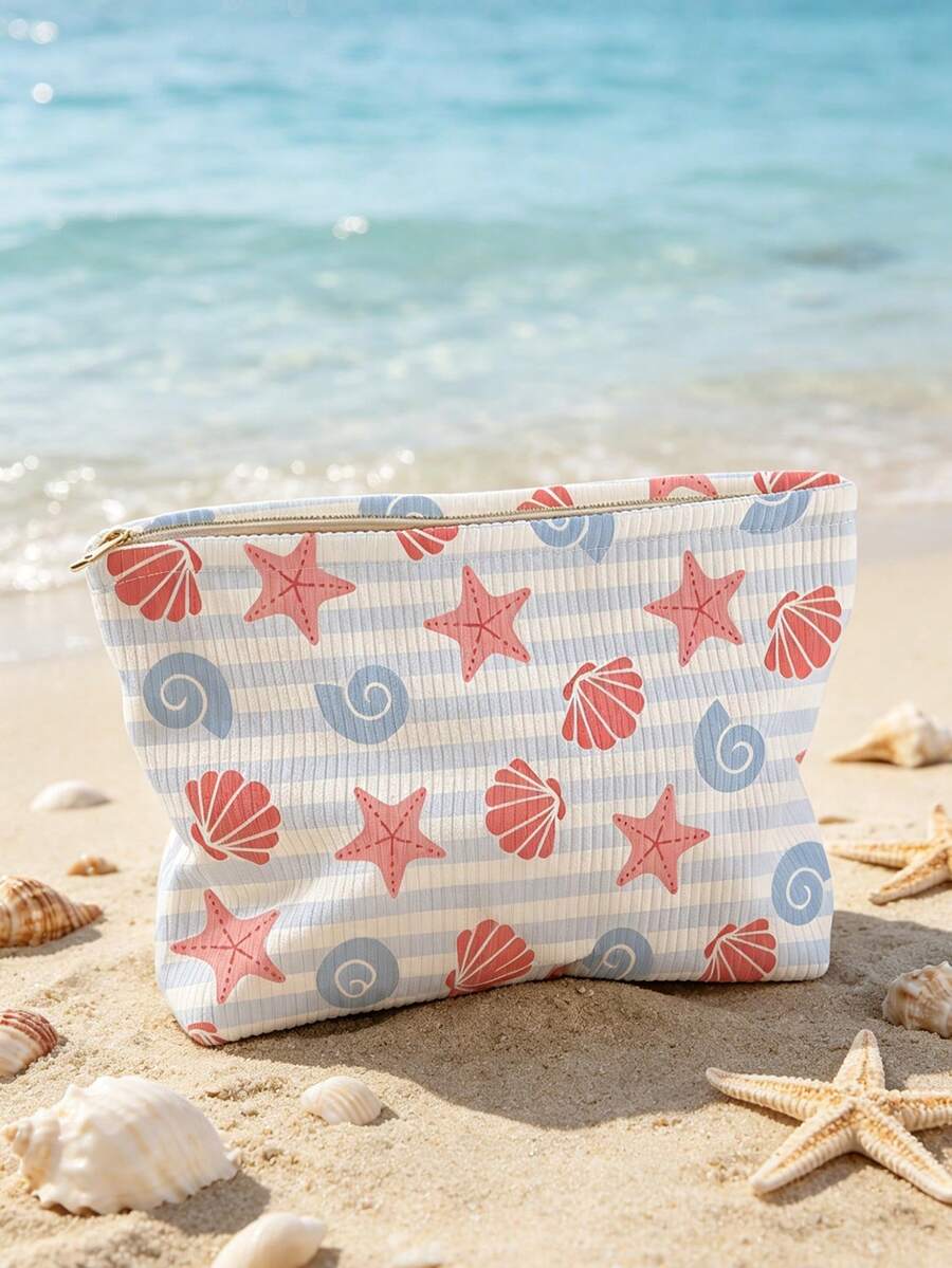 1pc Portable Cosmetic Storage Bag Ocean Series Shell & Starfish Pattern Double-Sided Printed Travel Zipper Makeup Pouch Multifunctional Toiletry Organizer - Multicolor - View 1