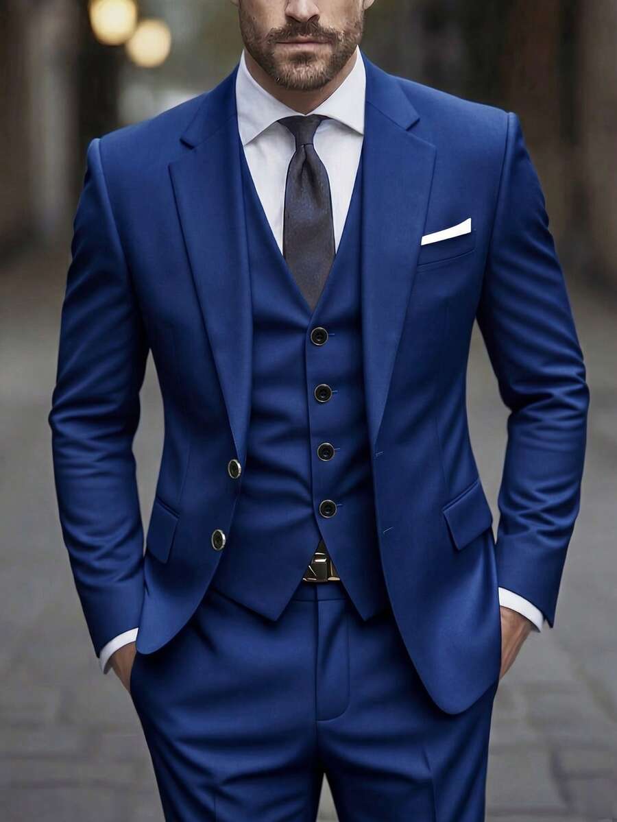 Setelan Jas Pria 3 Potong: Jaket, Celana, Rompi, Jas Formal Modis untuk Pernikahan dan Pesta - Royal Blue - View 1