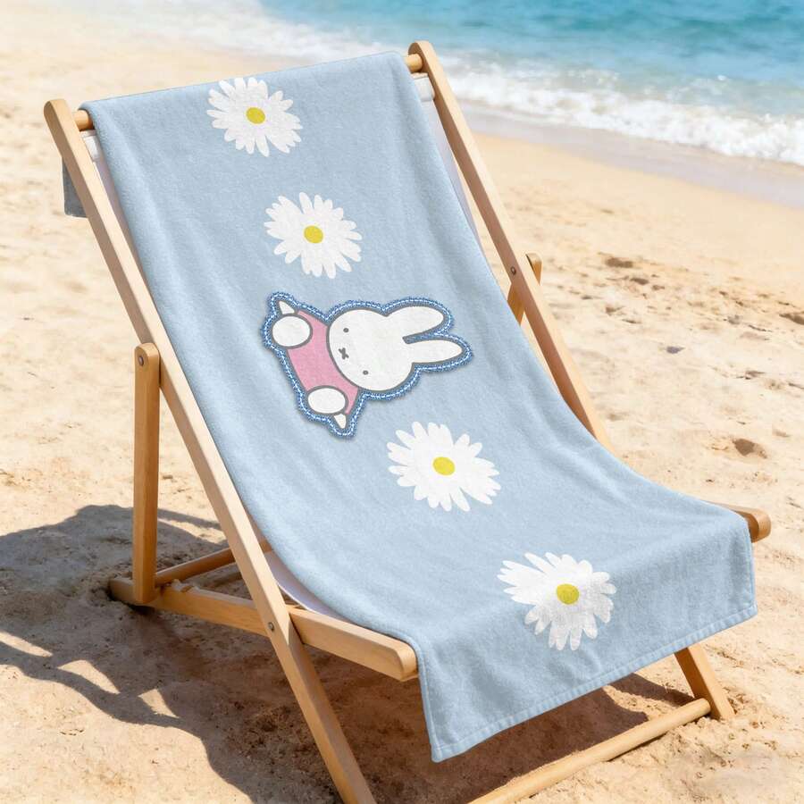 Miffy 粉色造型白色雛菊淺藍色超細纖維沙灘巾,快乾吸水浴巾,適用於泳池、露營、日常淋浴 - A - 查看 1