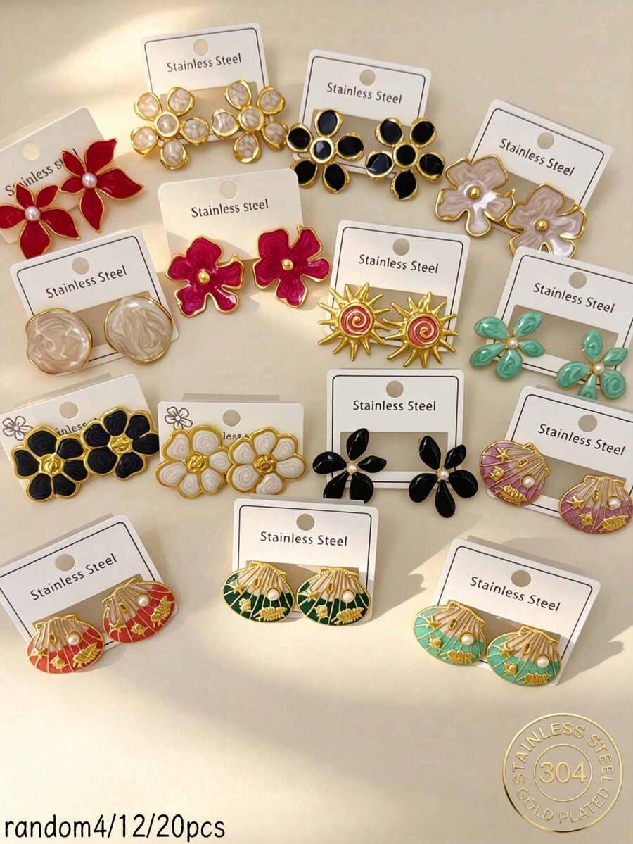 4/12/20pcs Anting-anting Elegan dari Baja Tahan Karat, Termasuk Desain Bunga, Kerang, Kupu-kupu, Sayap, dan Pola Geometris. Anting-anting baja tahan karat yang sederhana dan modis ini sangat cocok untuk pemakaian sehari-hari wanita, juga merupakan hadiah yang bagus untuk teman wanita (Dikirim secara acak). - MultiWarna - View 1