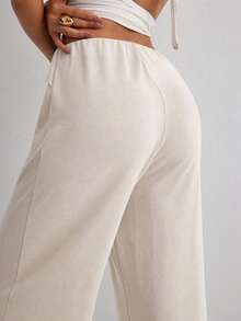 Women's Solid Color Drawstring Waist Wide Leg Loose Casual Pants - White - View 3