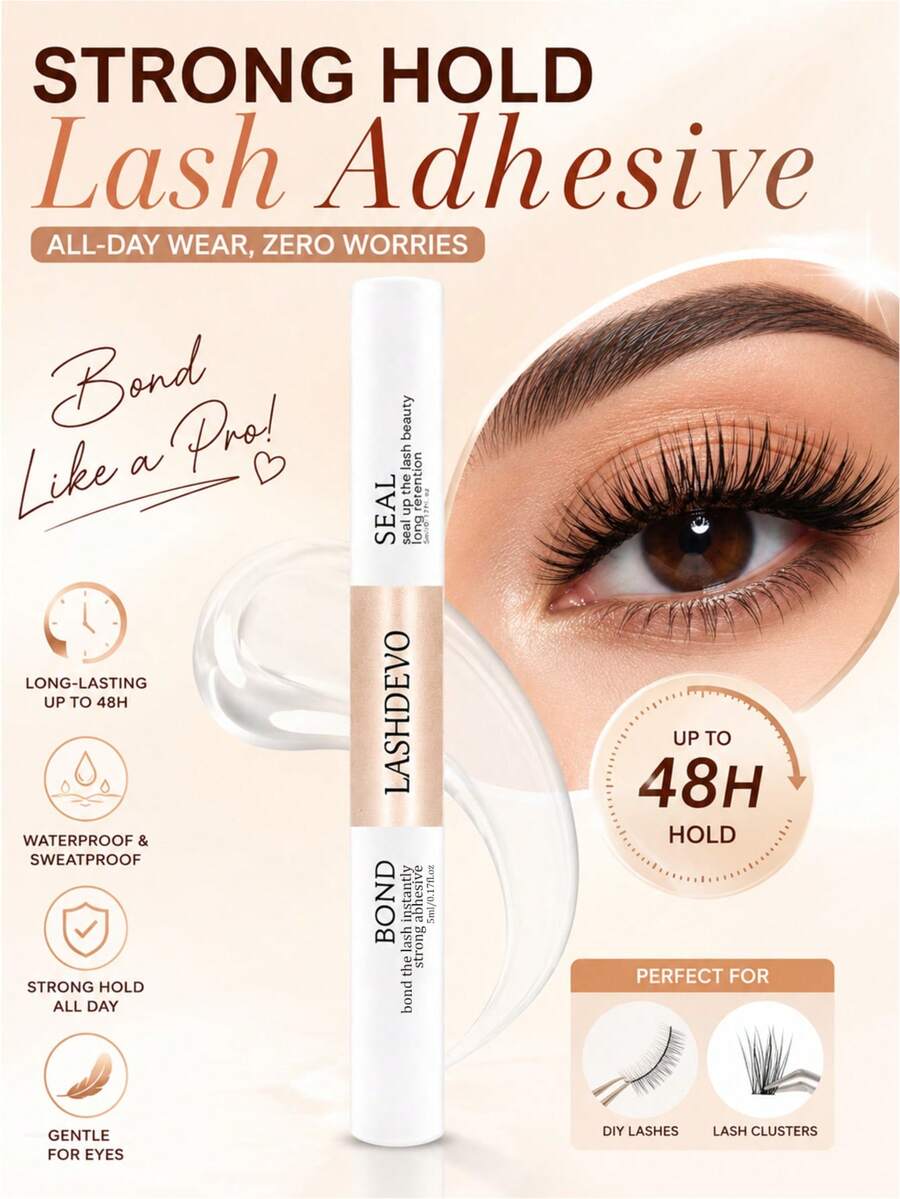 LASHDEVO 1件裝強力黏著假睫毛膠,2合1防水持久假睫毛膠(黏著液5ml/0.17 Fl Oz、密封液5ml/0.17 Fl Oz) - 玫瑰金 - 查看 1