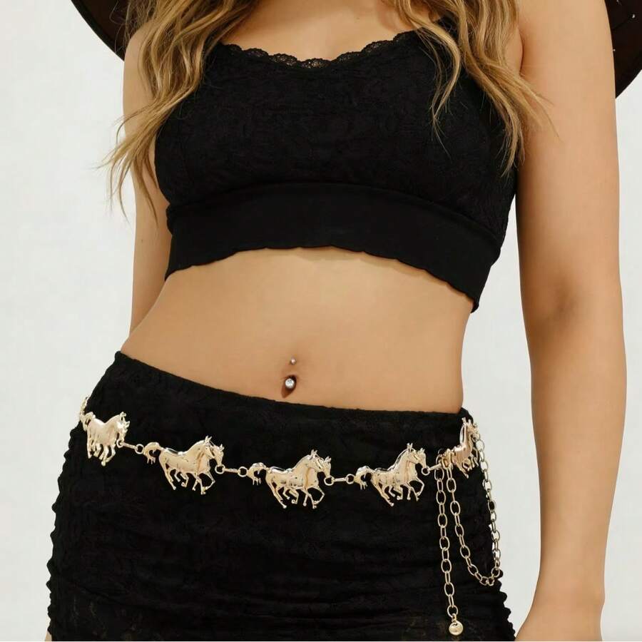 1 Peça Corrente de Corpo de Cintura de Liga de Cavalo Dourada Polida com Corrente Emendada, Moda Elegante Minimalista Feminina, Atacado Transfronteiriço México - multicolorido - Visão 1