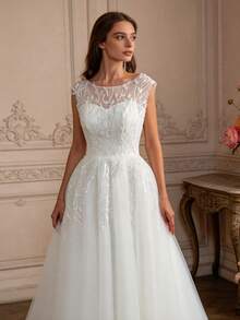 Elegant Sequin Applique Wedding Dress, Suitable For Wedding Party, Anniversary, Wedding Guest, All Seasons - Beige - View 2