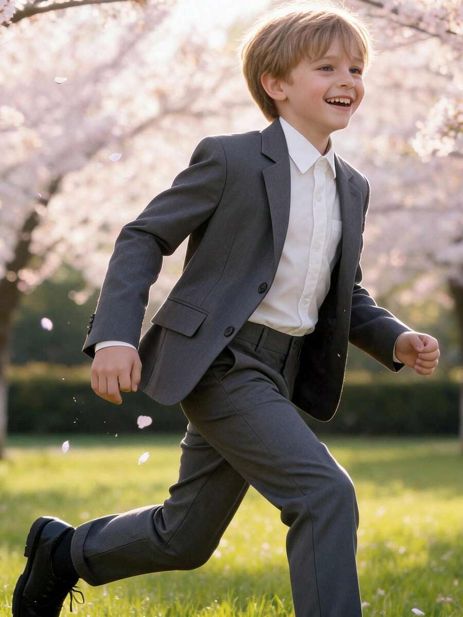 男童兩件式正式西裝套裝,西裝外套 + 長褲,紳士西裝,適用於婚禮、生日派對、舞台表演及其他正式場合,灰色,4-16歲 - 灰色 - 查看 1