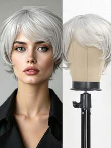 8-Inch Short Layered Straight Wig In Light Grey/Grey White/Gold/Highlighted Gold, Natural Appearance, Ideal For Parties, Mother's Day Outfits And Daily Wear, Texture Wig For Party Accessories - Multicolor - View 15