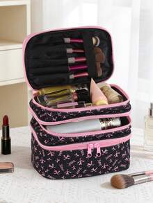1pc 3-Layer Partitioned Black & Pink Bow Texture Makeup Bag, All-Over Letter & Bow Print, Large Capacity, Portable Handheld Daily Touch-Up Bag For Women - Multicolor - View 4