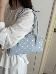 Fashionable Polka Dot Handbag, Cute Vintage Style Shoulder Bag. Suitable For Shopping, Dating And Work - Blue - View 3
