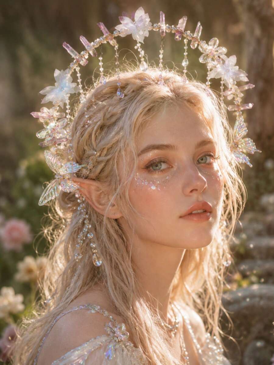 仙女美人魚髮箍 幻彩蝴蝶流蘇貝殼原晶髮箍 手作波希米亞花冠 適用婚禮 Cosplay 生日派對髮箍 - 彩色 - 查看 1