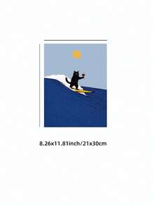1pc Frameless Cat Surfing On Blue Waves Wall Art Poster Aesthetic Apartment Living Room Bedroom Decor Back To School Funky Posters Dorm Essentials - Cat Surfing - View 12