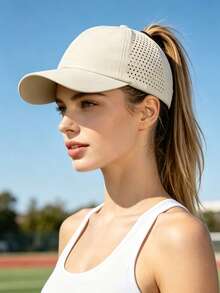 1 pieza Gorra de béisbol de malla transpirable de secado rápido de unicolor con orificio para coleta, gorra de béisbol ajustable, deportes al aire libre - Gorra de béisbol de secado rápido para coleta - Ver 4
