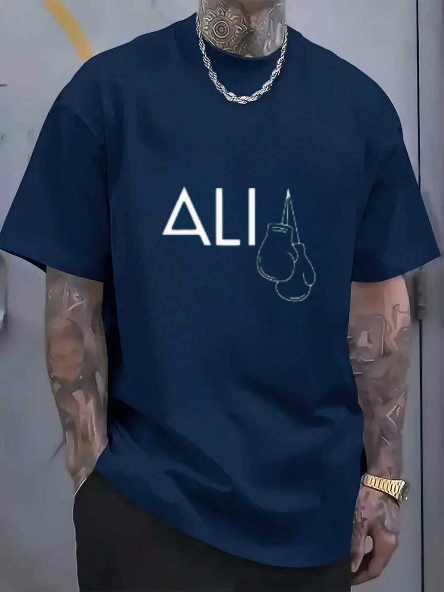 Outdoors, Home, With Stylish 2D Print, Stretchy And Comfortable, Ideal For Sports, Travel And Casual Everyday Wear - Regular Fit, Crew Neck, Knit Fabric, Versatile T-Shirt For All - 海軍藍 - 查看 1