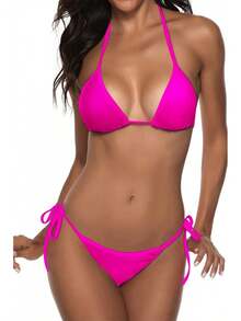 Women Two Piece Swimsuit Sexy Swimwear Halter String Triangle Bikini Sets - 玫紅色 - 查看 1