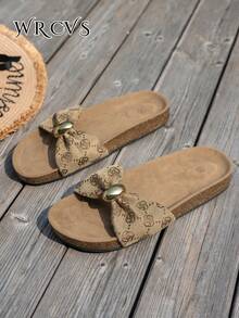 WRCVS Brown Floral Random Pattern Women's Flat Sandals Metal Decor Slippers Flower Decoration Slides Cork Sole Non-Slip, Summer Shoes, Beach Shoes - Brown - View 6