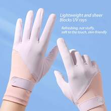 UPF50+ UV Protection Ice Silk Driving Gloves, Two-Finger Exposed Touchscreen Design, Breathable Anti-Slip Cooling Gloves With Adjustable Wrist Strap, Solid Spliced Pastel Style For Women Driving Cycling E-Bike Summer Outdoor Use - A - View 11