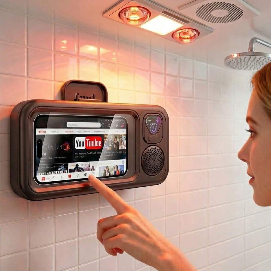 Waterproof Box Speaker, Bathroom Waterproof 360 ° Rotating Touch Screen, Bluetooth Speaker, Watch Movies, Listen To Music, Phone Holder Bluetooth Speaker Audio Shower TV Holder, Swimming Pool, Kitchen, Bathroom, Sink - 黑色 - 查看 1