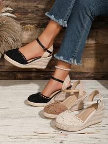 Closed-Toe Breathable Deep Instep Fashion Lightweight Hemp Rope Wedge Heel Women's Shoes - Black - View 4