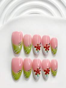 10pcs Elegant Exquisite Handmade Press-On Nail Set, Poly Gel Material, Floral Pattern, Green Nail Polish Color, Fresh Summer Style, Includes Nail Tools, 3 Sizes Available (Square, Short Square, Almond), Suitable For Party, Dance And Daily Wear - 彩色 - 查看 18