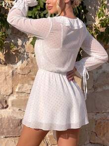 Da Jade Women Casual Vacation White Tiny Polka Dot Mini Dress Ruffle V Neck Tie Front Petal Sleeve Elastic Waist Light Chiffon Beach Short Dress - White - View 2