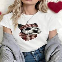 Cute Dog Graphic T-Shirt, 100% Cotton Oversized Soft Breathable Casual Crewneck Short Sleeve Top, Retro Aesthetic Summer Vibes Tee For Pet Lovers & Dog Enthusiasts - 白色 - 查看 18