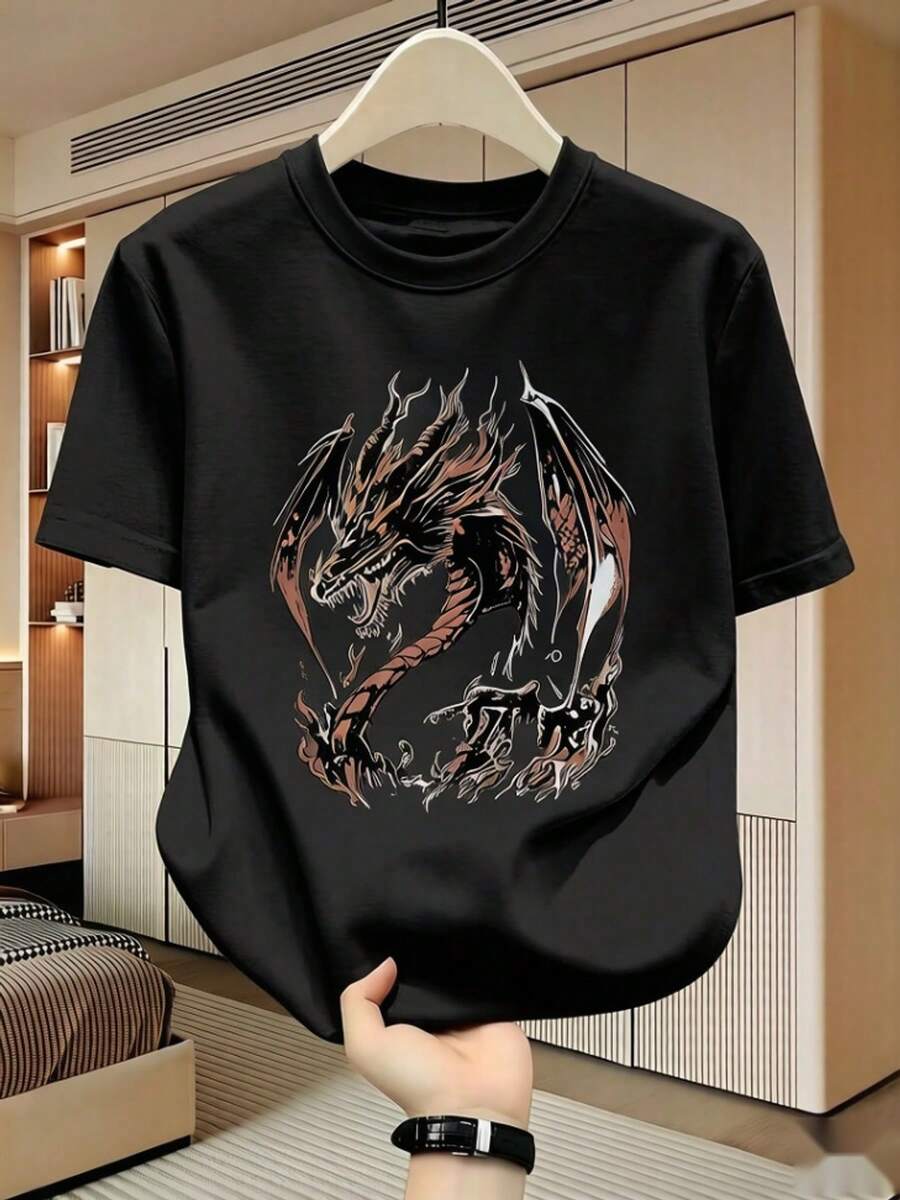 Camiseta de algodón% con diseño vintage de dragón, estilo urbano, de manga corta y corte holgado, diseño de mitología china, adecuada para uso diario, fiestas al aire libre o como r - Negro - Ver 1