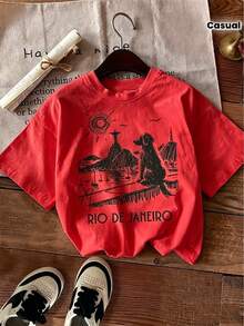 1 Piece Casual Fashion For Men And Women 100% Women's January Rio T-Shirt, Brazil, With Outstanding Features Dog Lover Print, Casual Holiday Short Sleeve Top, Women's Easter Clothing Set - 紅色 - 查看 1