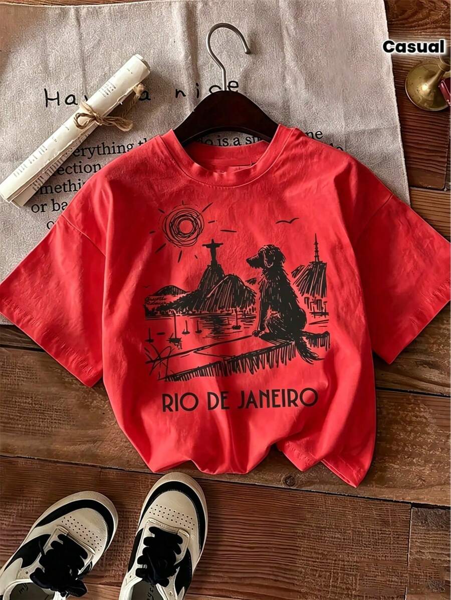 1 Piece Casual Fashion For Men And Women 100% Women's January Rio T-Shirt, Brazil, With Outstanding Features Dog Lover Print, Casual Holiday Short Sleeve Top, Women's Easter Clothing Set - 紅色 - 查看 1