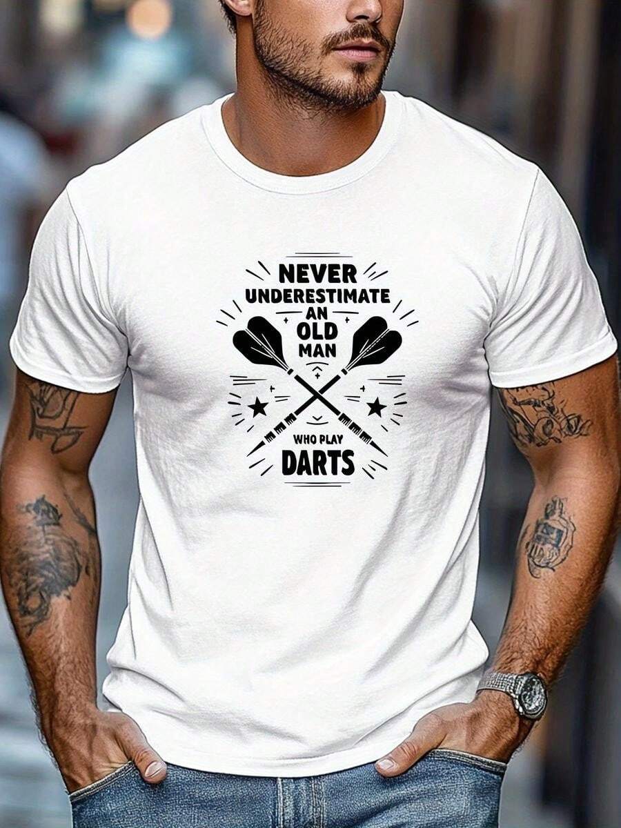 Men's Soft Breathable Cotton T-Shirt With Darts Print And Inspirational Lettering. Ideal For Going Out To Bars, Meeting Up With Friends, And Everyday Casual Wear. - 白色 - 查看 1