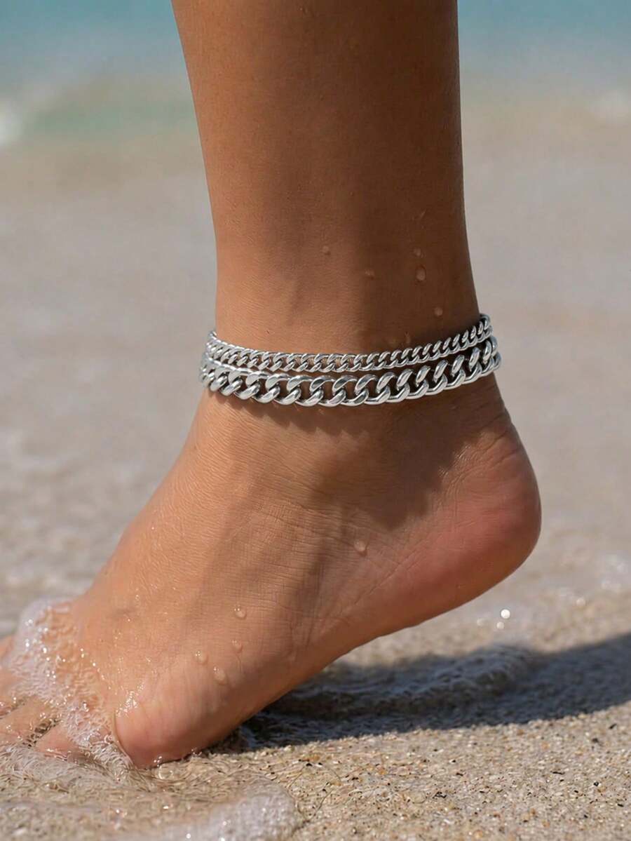Set Of 3 Unique Design Gold Chain Anklets, Beach And Urban Style, Suitable For Women's Daily Wear, A Great Gift For Friends. - Silver 3 - View 1