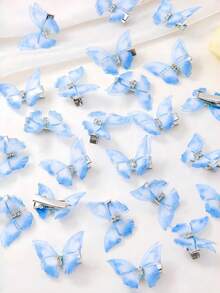 10pcs/Pack Light Blue Double Layer Crystal Mesh Butterfly Hair Clips, Cute Princess Style Hair Accessories Claw Clips Hairpins, Student Supplies Set Suitable For Various Occasions And Daily Wear - Blue - View 5