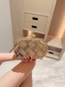 Bolso Moonlit Eve: 1 pieza Bolso de mano de noche plisado con forma de huevo brillante con diseño elegante de doble botón de perla falsa de metal, adecuado para chicas de, novias - Oro rosa - Ver 6