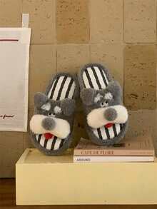 XIXITIAO Cute Tongue-Out Schnauzer Plush Home Slippers, Fashion Striped Color Block Soft Bottom Comfortable Indoor Shoes - Grey - View 4