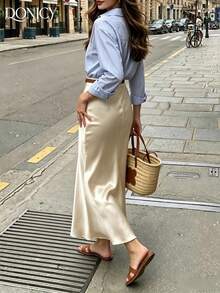 DONICY 女款優雅香檳色緞面美人魚中長裙，亮面面料搭配高腰與喇叭裙襬，適合春季約會與辦公室穿著 - 香檳色 - 查看 2