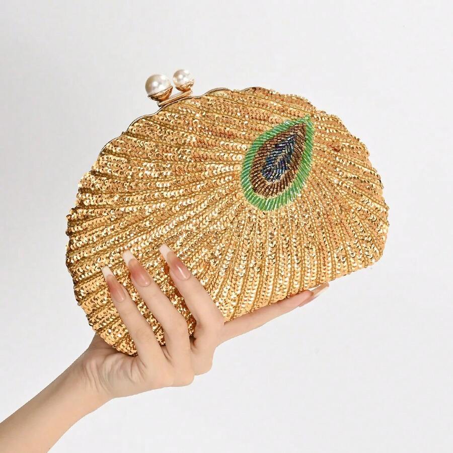 Women's Shell-Shaped Clutch Handbag, Sequin Handbag, Retro Luxury Design With Embroidery, Evening Party Bag - 玫瑰金 - 查看 1