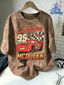 Disney Cars Lightning McQueen Vintage Distressed Print Washed Tee, Retro Racing Casual Top, Daily Essential & Suitable For Gifting - 卡其色 - 查看 1