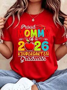Women's Cotton T-Shirts, Proud Mommy Of A 2026 Kindergarten Graduate T-Shirt For Mother Graduation Celebration Gift For Mom School Event Party Wear, Basic Women's Blouses - 紅色 - 查看 7
