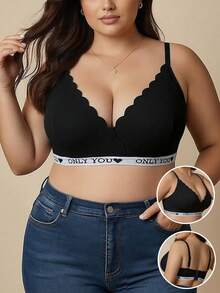 Plus Size Black Triangle Cup Sexy Smooth Lingerie With Contrast Letter, Wire-Free Seamless Comfortable Thin Bra, One-Piece - Black - View 1