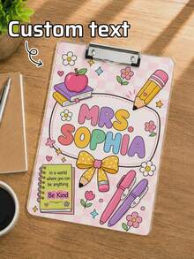 1pc Custom Name Teacher Acrylic Clipboard,Pink Checkered Bow Apple Pencil Decorative Clipboard,Personalized Classroom Office Supply,Teacher Appreciation Gift,Back To School,Desk Accessory,End Of Year Award,Classroom Decor,Personalized Gift - Multicolor - View 2