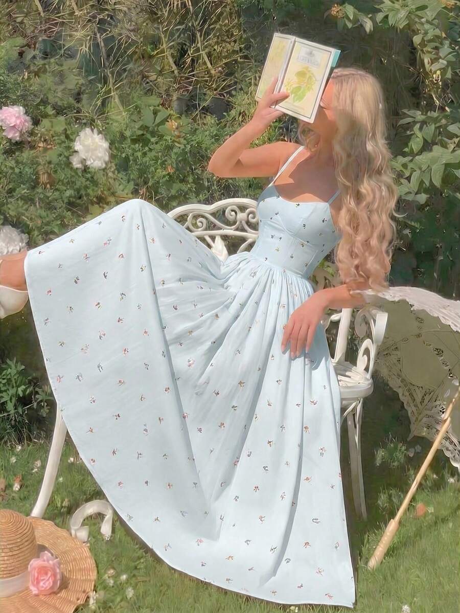 Vestido de tirantes finos con estampado minimalista para mujer - Celeste - Ver 1