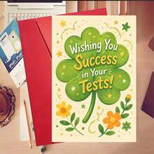 Tarjeta de Buena Suerte para Exámenes, "Deseándote Éxito en tus Pruebas" Tarjeta de Felicitación con Trébol de Cuatro Hojas y Flores - 13x18cm - Ver 1