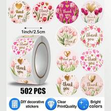 502pcs/Roll Tulip Thankyou Pattern Stickers, 10 Assorted Christmas Gift Packaging Labels, Gift Box Seal Stickers, Scrapbook Planner Decoration Stickers, Paper Craft Decoration, Party Gifts, Gift Box Decoration And Encouragement Stickers - Multicolor - View 1