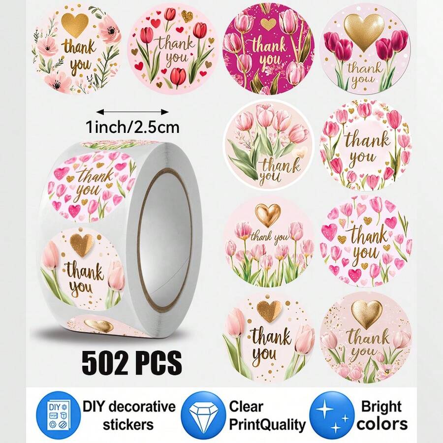 502pcs/Roll Tulip Thankyou Pattern Stickers, 10 Assorted Christmas Gift Packaging Labels, Gift Box Seal Stickers, Scrapbook Planner Decoration Stickers, Paper Craft Decoration, Party Gifts, Gift Box Decoration And Encouragement Stickers - Multicolor - View 1