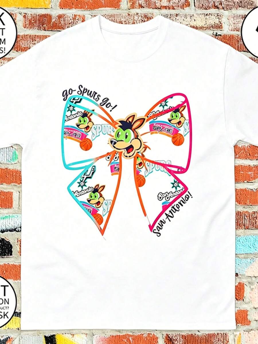 Summer New Arrival Unisex Teen Spurs Coyote Mascot Bow Print Crew Neck Tee, Cute Playoffs 2026 Basketball Casual Short Sleeve Daily Top - 白色 - 查看 1